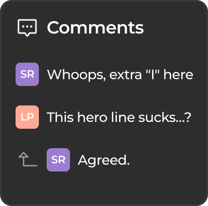 The comments in a simplified mockup of the Revisr platform in the hero section