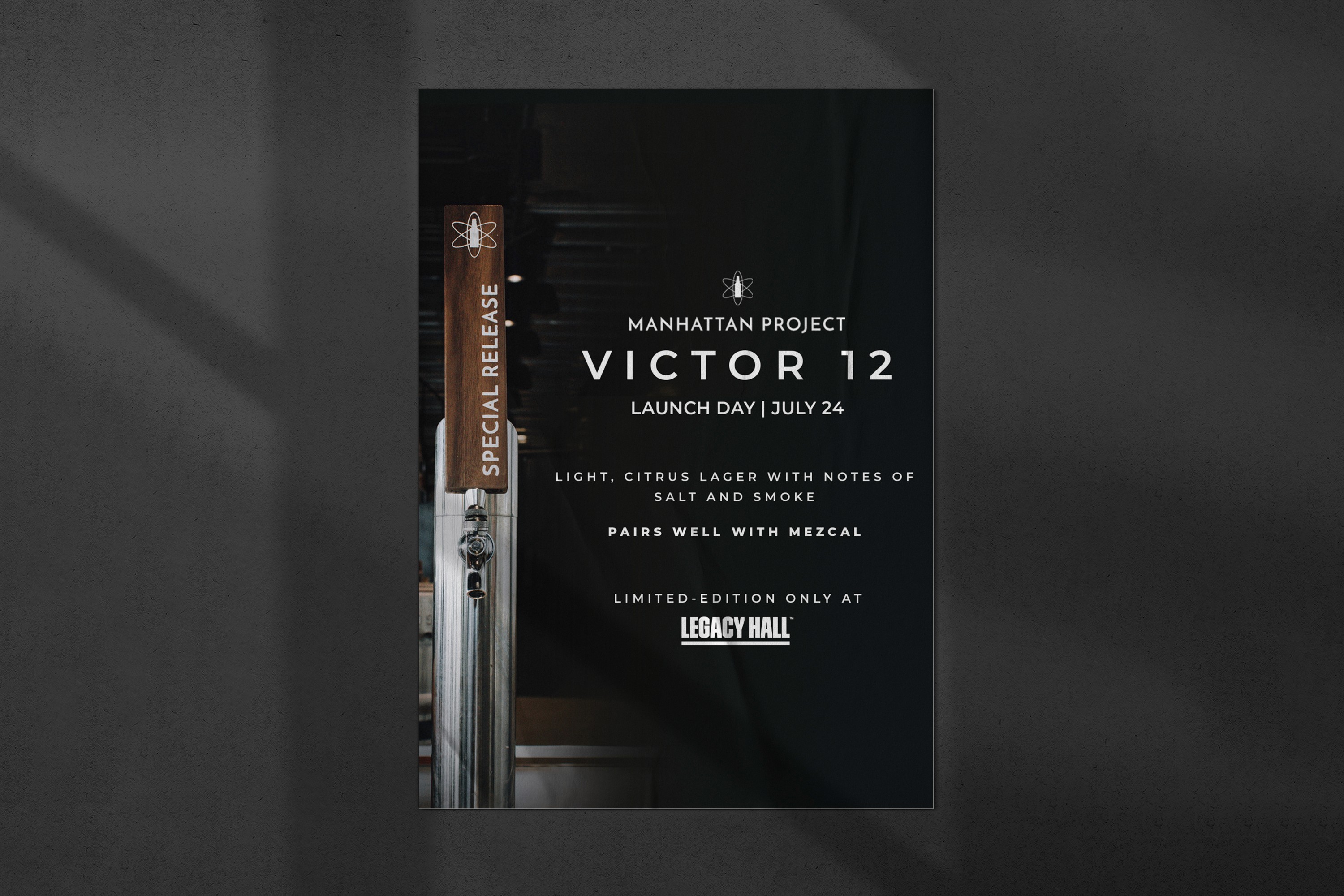 Promotional graphic design for “Victor 12” limited release beer featuring clean typography and branding.