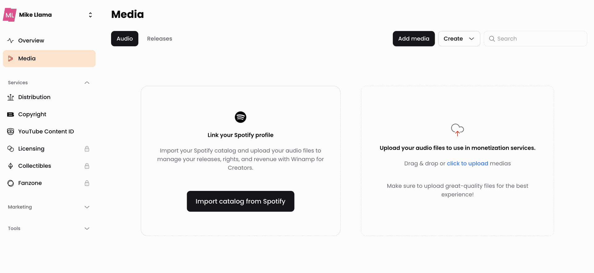 Winamp for Creators platform Catalog Import page