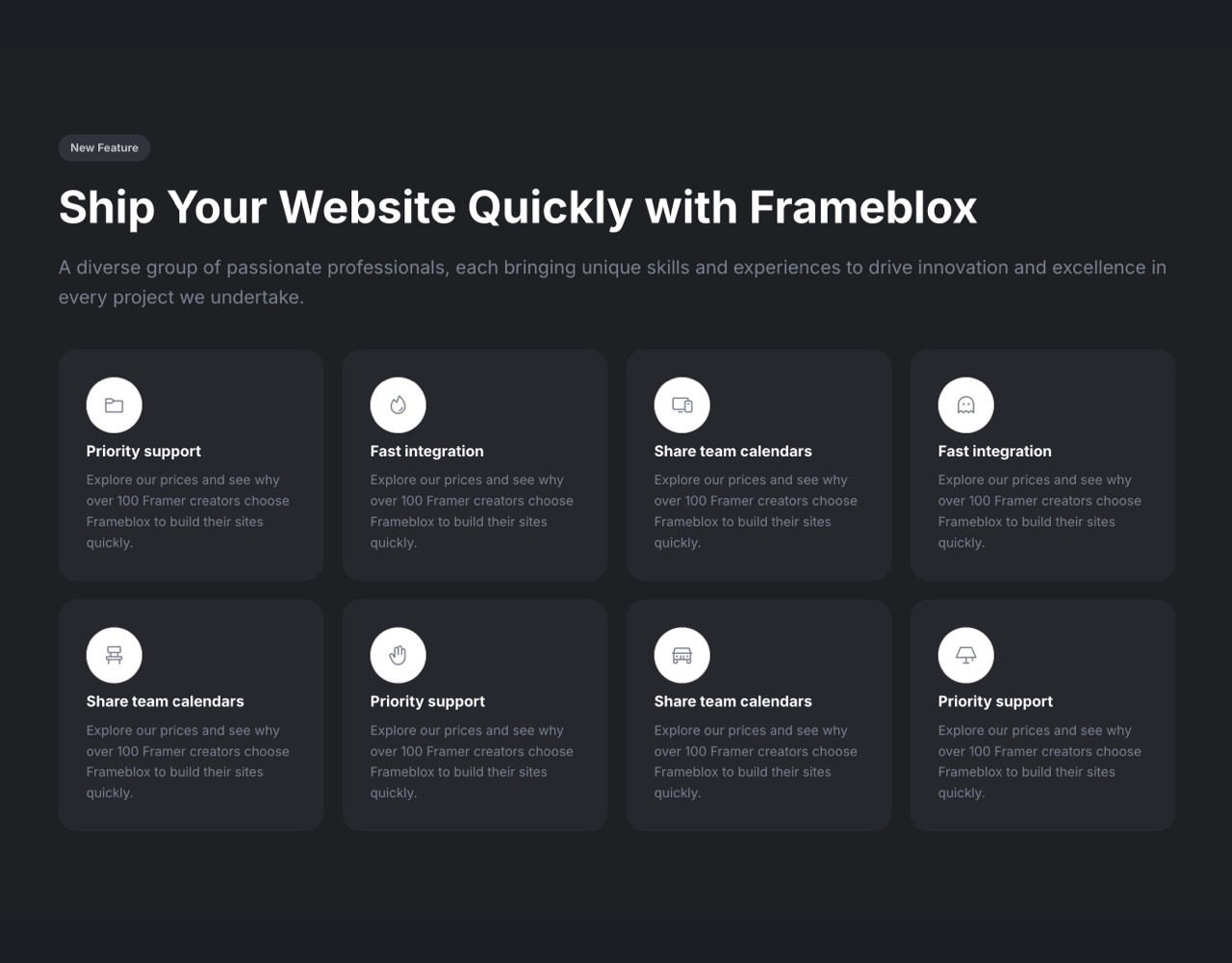 Framer Dark Features Section - Frameblox UI