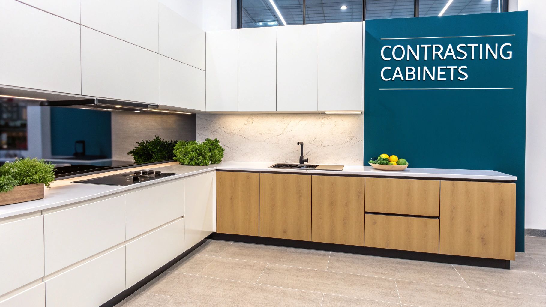 A modern kitchen with white upper cabinets and wood-look lower cabinets, featuring a teal accent wall.
