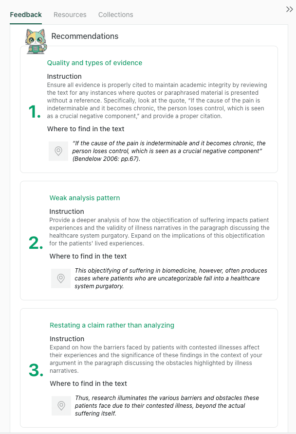 thesify feedback identifying a weak analysis pattern in an academic paragraph about objectification of suffering in biomedicine