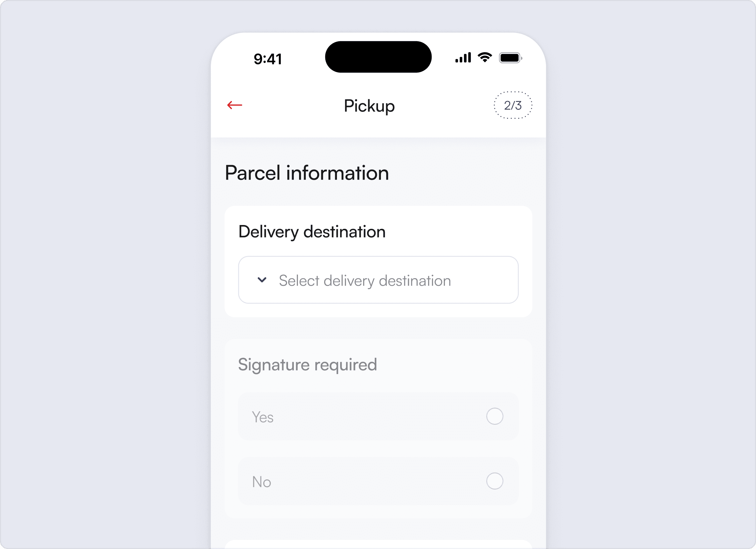 Parcel information screen