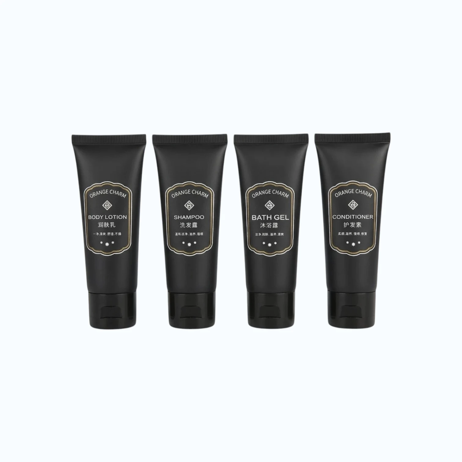 Portable travel toiletries set including hand wash and dish soap in a transparent carry bag, ideal for retail supermarket shelves and travel essentials section.