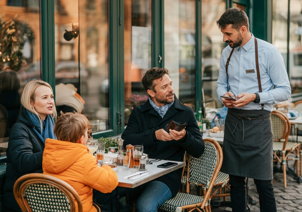 Family sitting in an outdoor restaurant