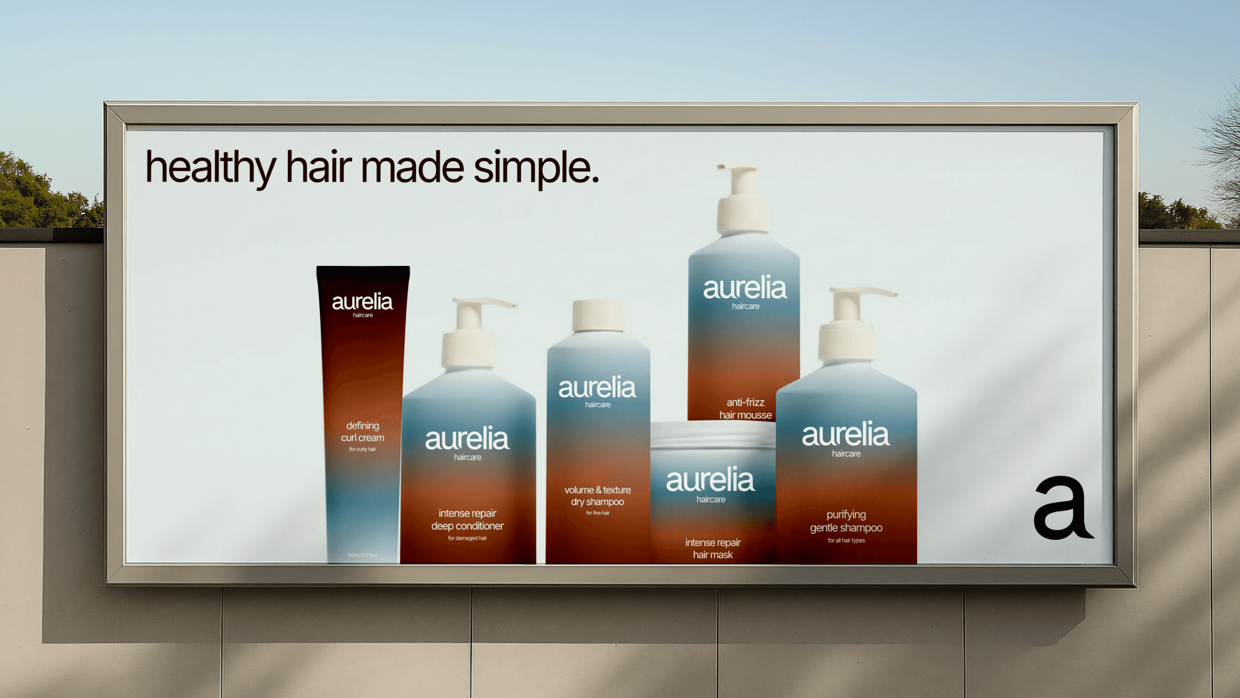 A billboard showing the packaging for Aurelia Haircare with the words: "healthy hair made simple."