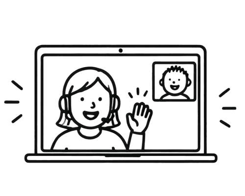 A learner waving to a teacher on a laptop video call.