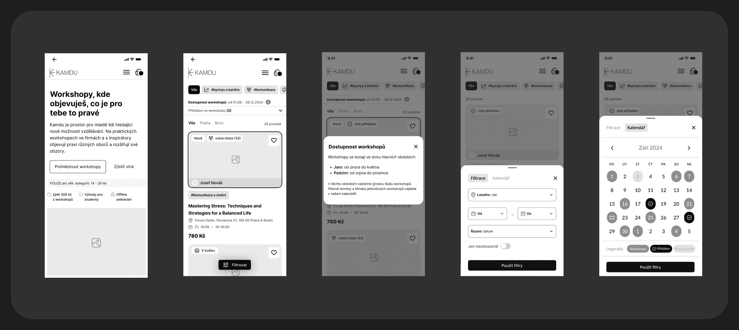 Wireframy mobilního výpisu workshopů: výpis, nápověda k dostupnosti, filtrace a kalendář