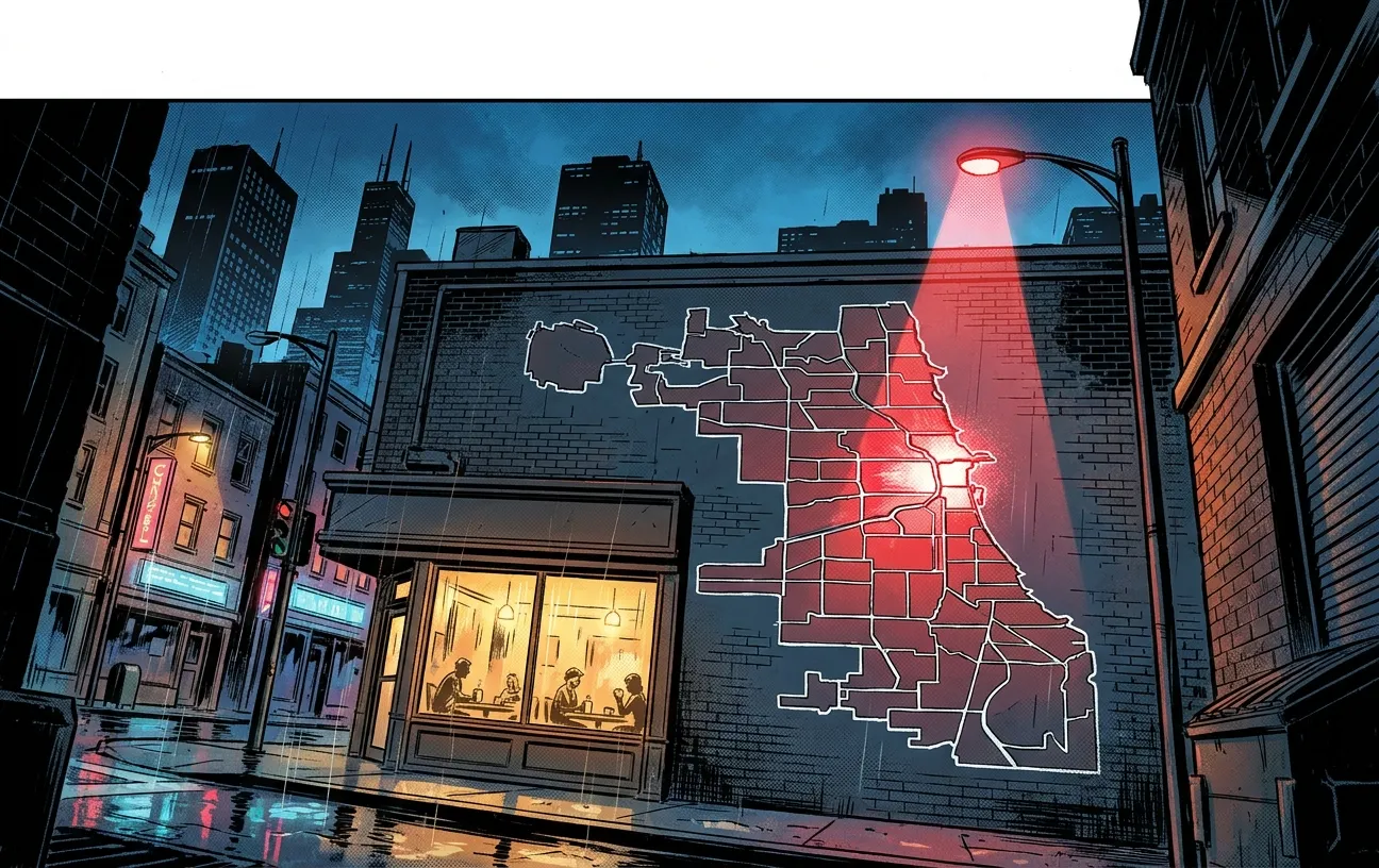 Urban cafe scene at night with RockN' Socials Digital Marketing Agency map.