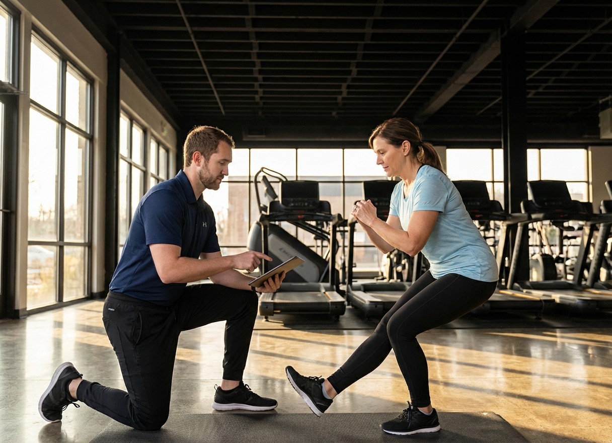 Patient working with a provider at a performance physical therapy clinic in Dallas during a functional movement assessment