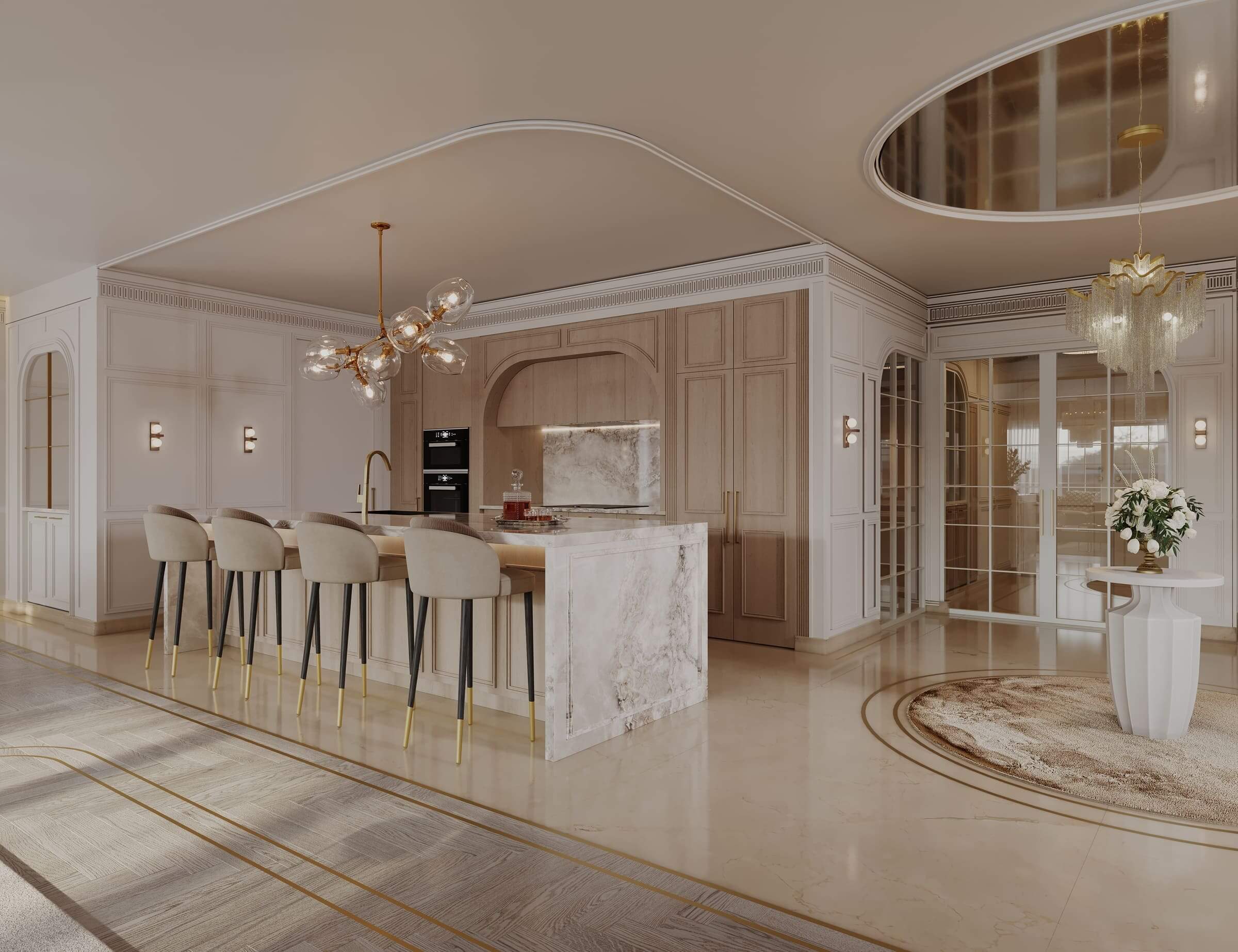 Architectural rendering of an upscale open-plan kitchen featuring a marble waterfall island, gold-accented barstools, built-in wooden cabinets, and designer lighting fixtures.