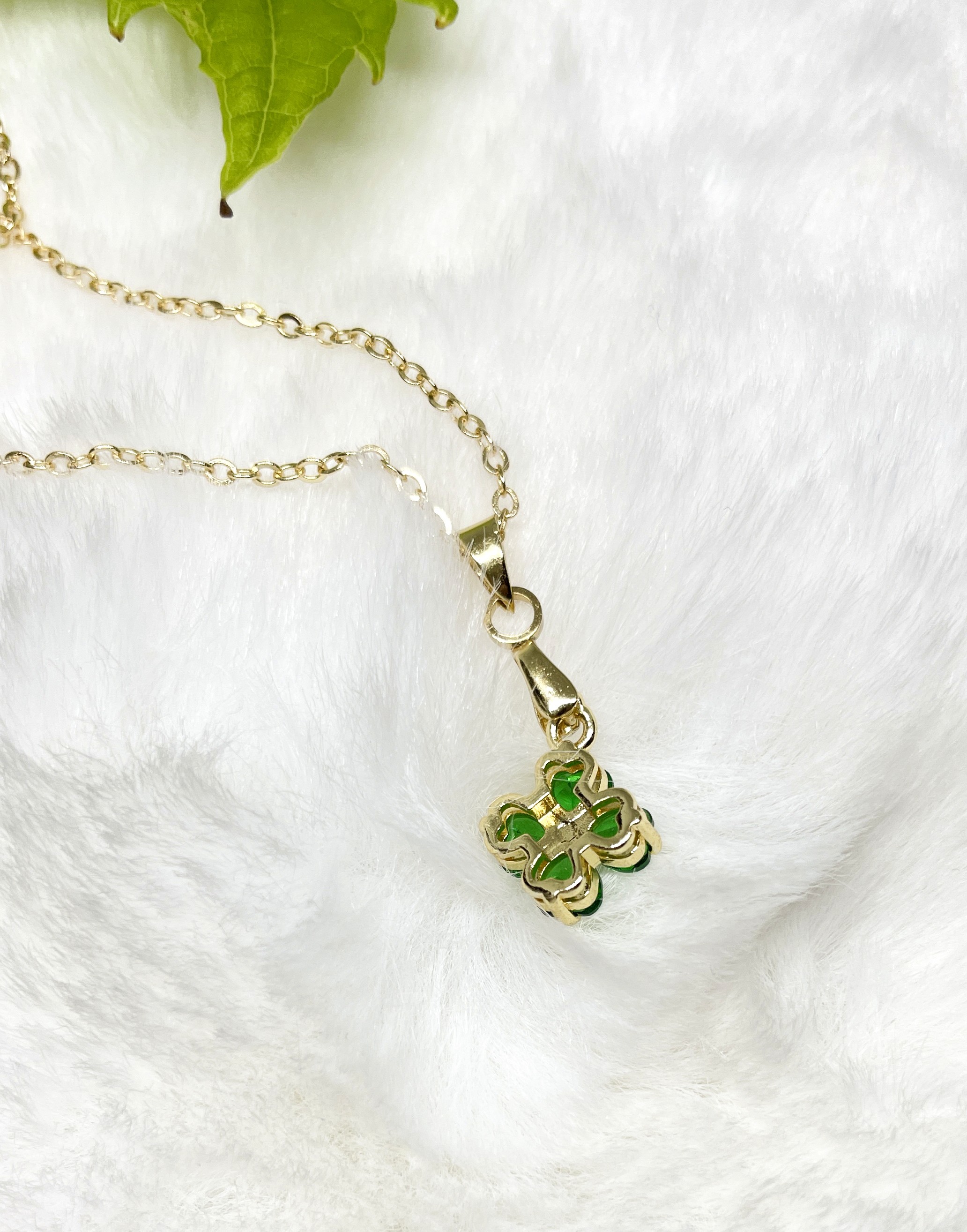 Four-Leaf Clover Necklace - Green Zironia Pendant with 14k Gold Chain