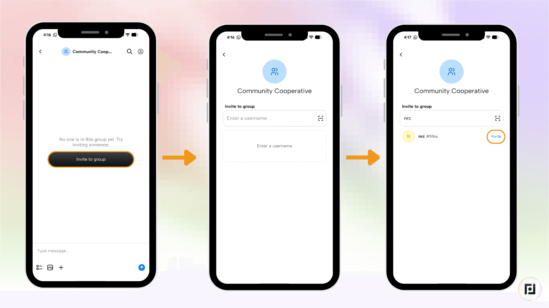 Tela de convite para grupo do aplicativo Fedi, mostrando a pesquisa por nome de usuário e a seleção de membros para um grupo Multispend no chat da Cooperativa Comunitária