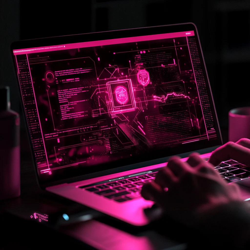 A person typing on a laptop with a pink screen, engaged in computer use related to artificial intelligence.