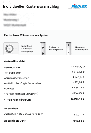 Musterangebot einer Wärmepumpe eines regionalen Fachbetriebs.
