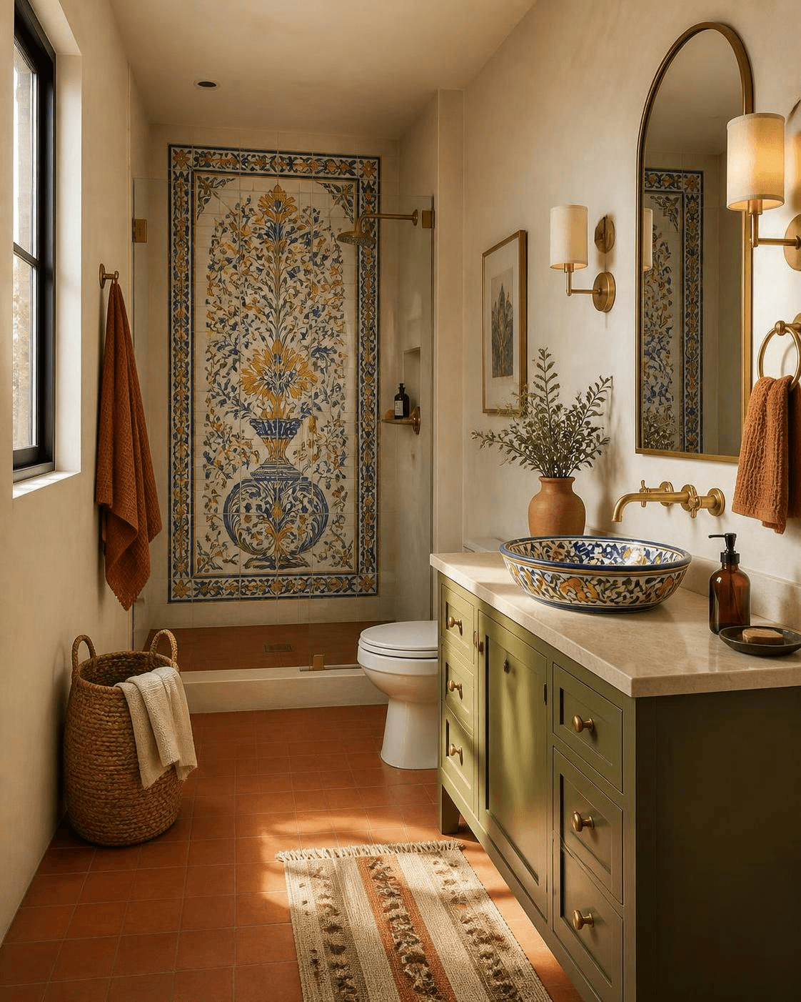 Bathroom with terracotta floor, green vanity, decorative vessel sink, large floral shower tile, gold fixtures, woven basket, and wall sconces.