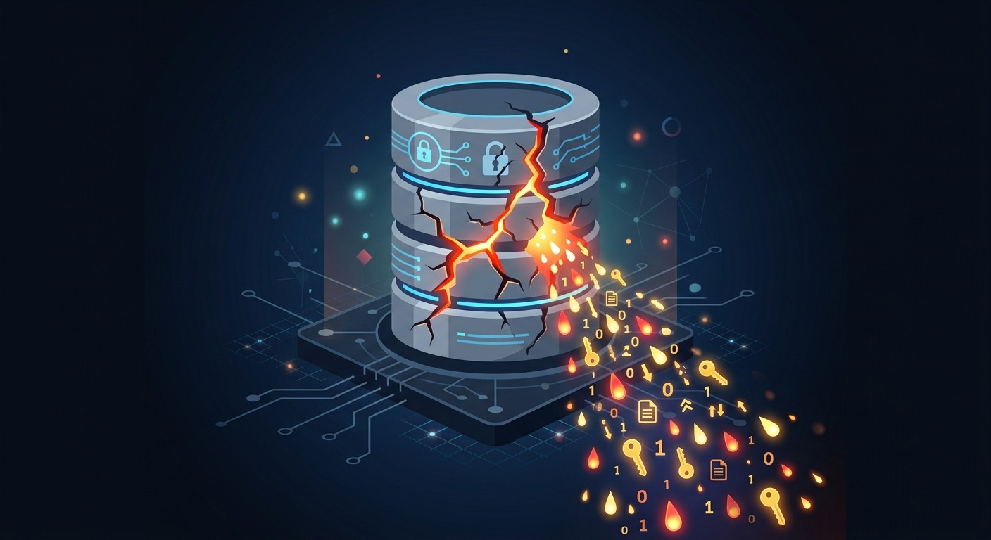 Illustration of a cracked database leaking data and keys, representing a security breach