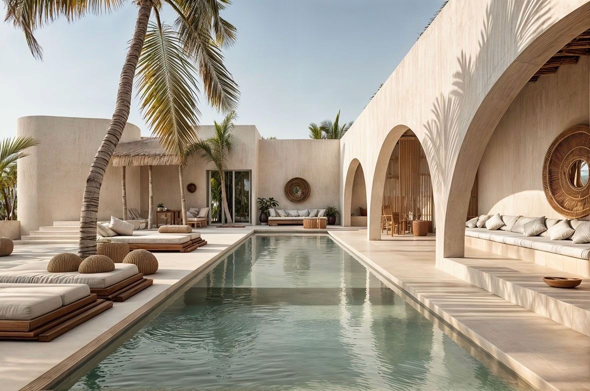 Sunlit Mediterranean villa courtyard and pool