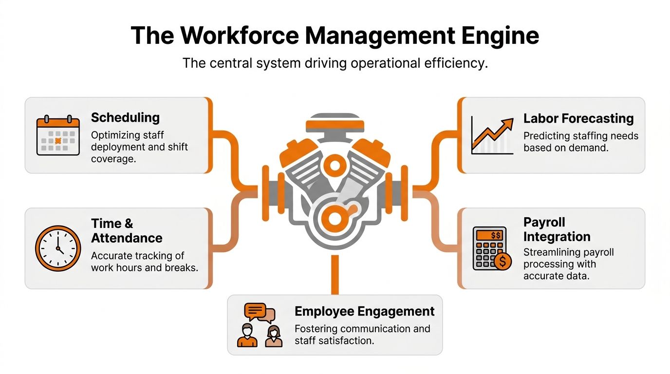 A diagram illustrating the core components of a workforce management engine, including scheduling, time tracking, forecasting, and payroll.