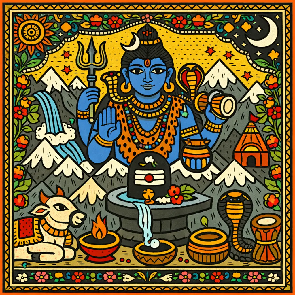 shiv ji, mountain in the background, his ox Nandi and shivling