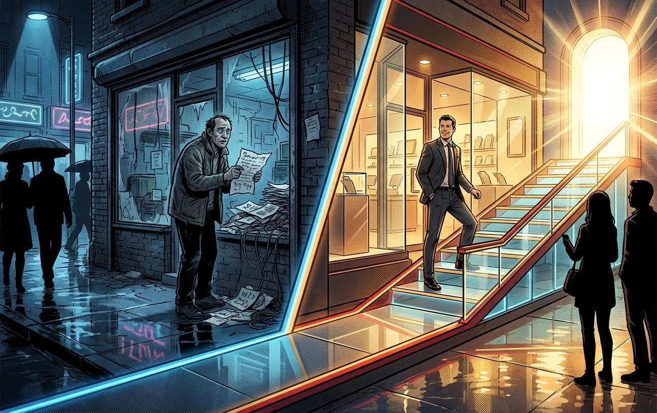 "RockN' Socials contrasting digital marketing success and struggle."