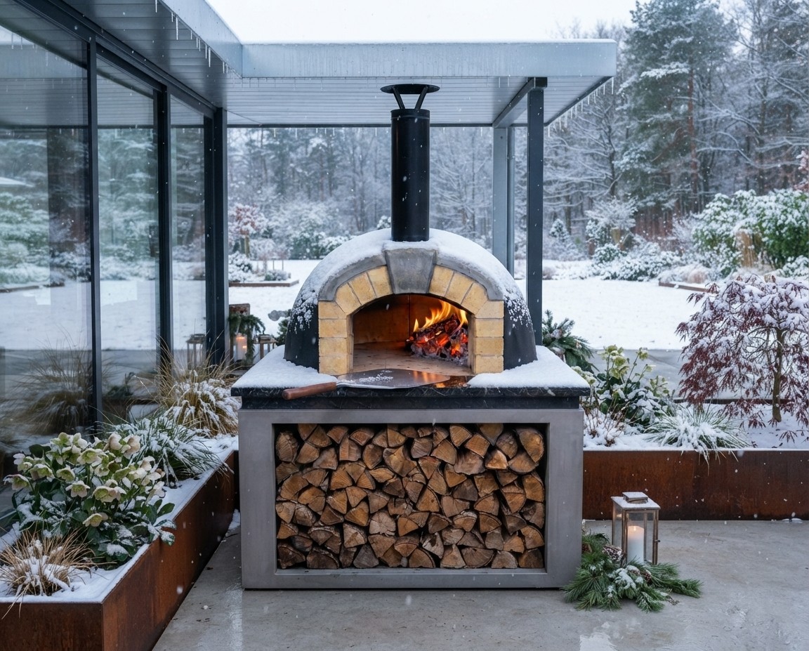 Archithello houtgestookte steenoven geïntegreerd in een tuinontwerp met terras en zitplek in winterlandschap