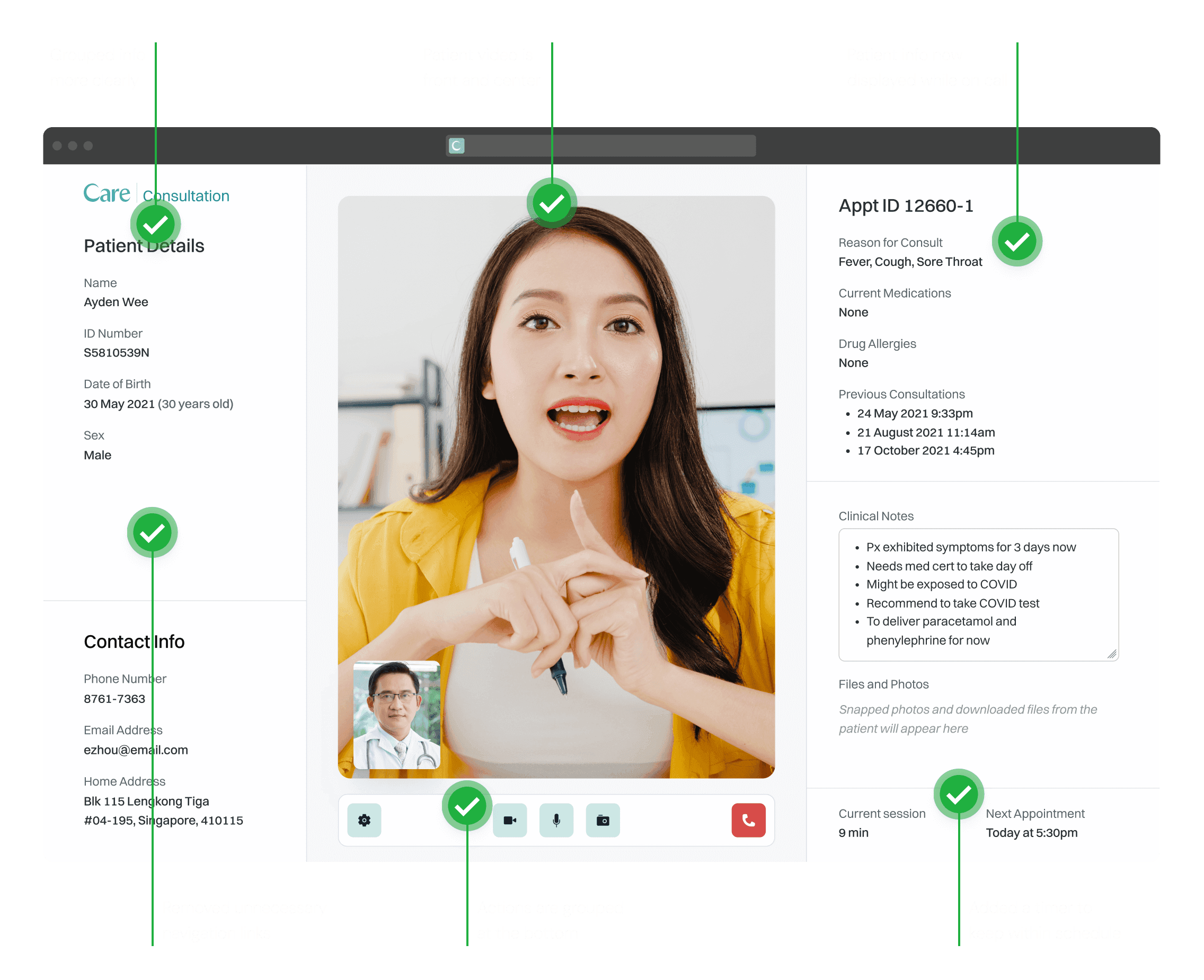 A screenshot showing the previous interface of a teleconsultation app, emphasizing a queue-based system and highlighting various interface problems such as a disorganized hierarchy and excessive prominence of rarely used features.