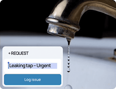 Close-up of a leaking pipe and a digital form showing “Leaking tap – Urgent,” illustrating instant repair logging through HoustonPlus.