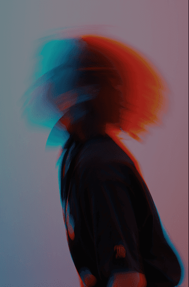 Abstract, motion-blurred portrait of a person in profile with red and blue color overlays against a soft gradient background.”