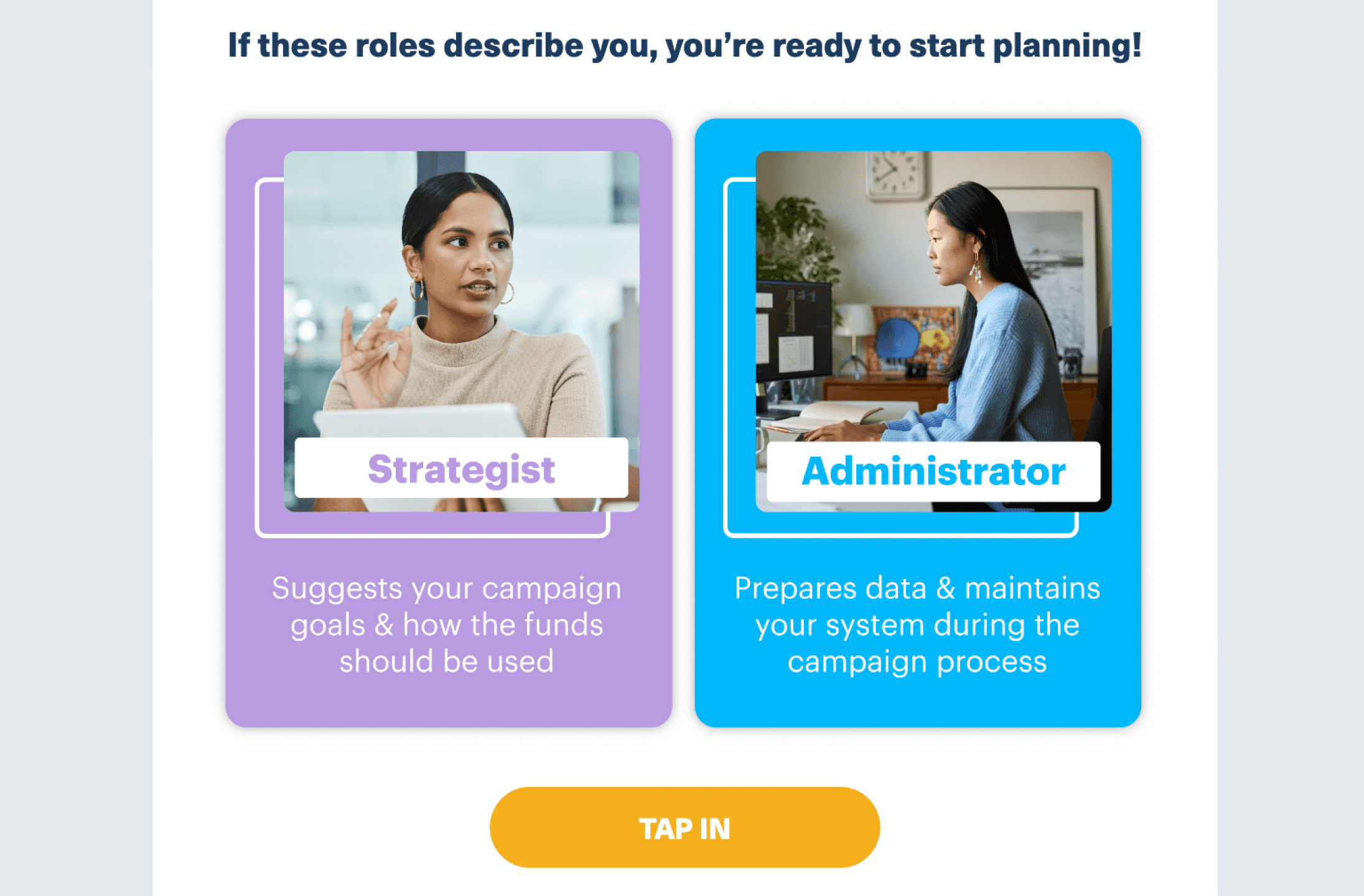 A section of a Giving Tuesday email, showing role cards for the Strategist and the Administrator.