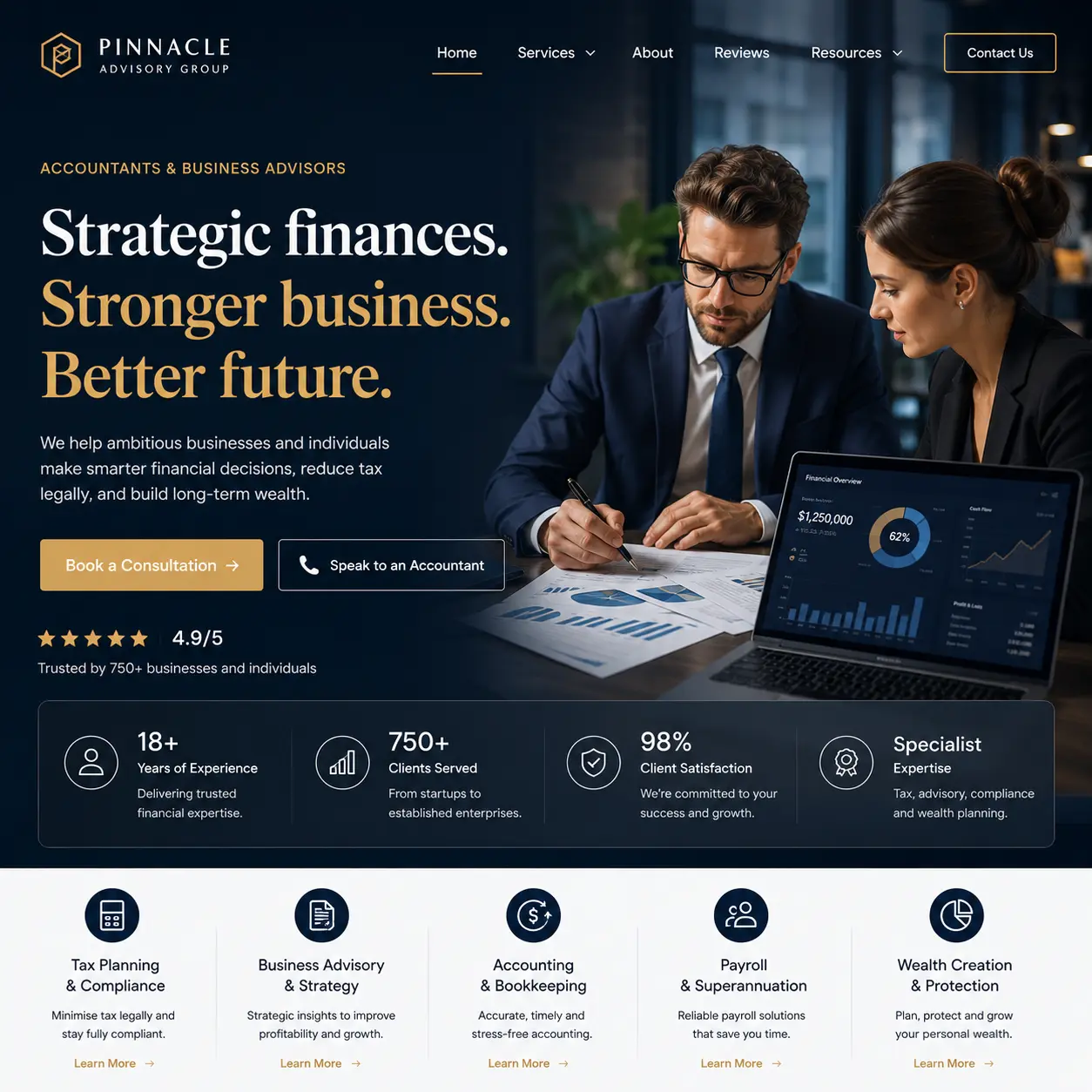 Two business advisors reviewing financial charts and data — Pinnacle Advisory Group accountants and business advisory homepage
