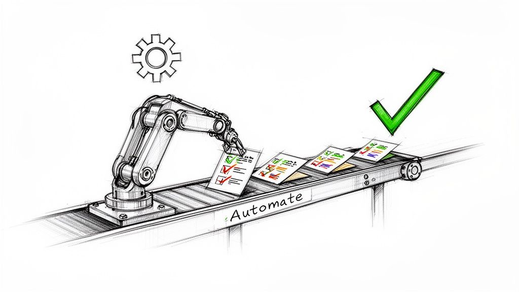 A robotic arm automates document processing on a conveyor belt, marking checklists with checks and crosses.