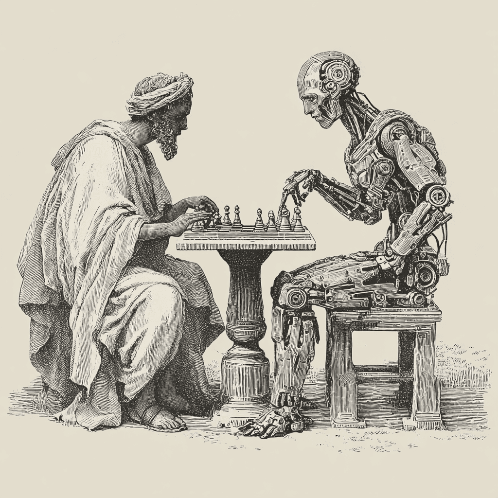 Midjourney/Epsilon Technologies Illustration. Greek man vs AI robot playing chess
