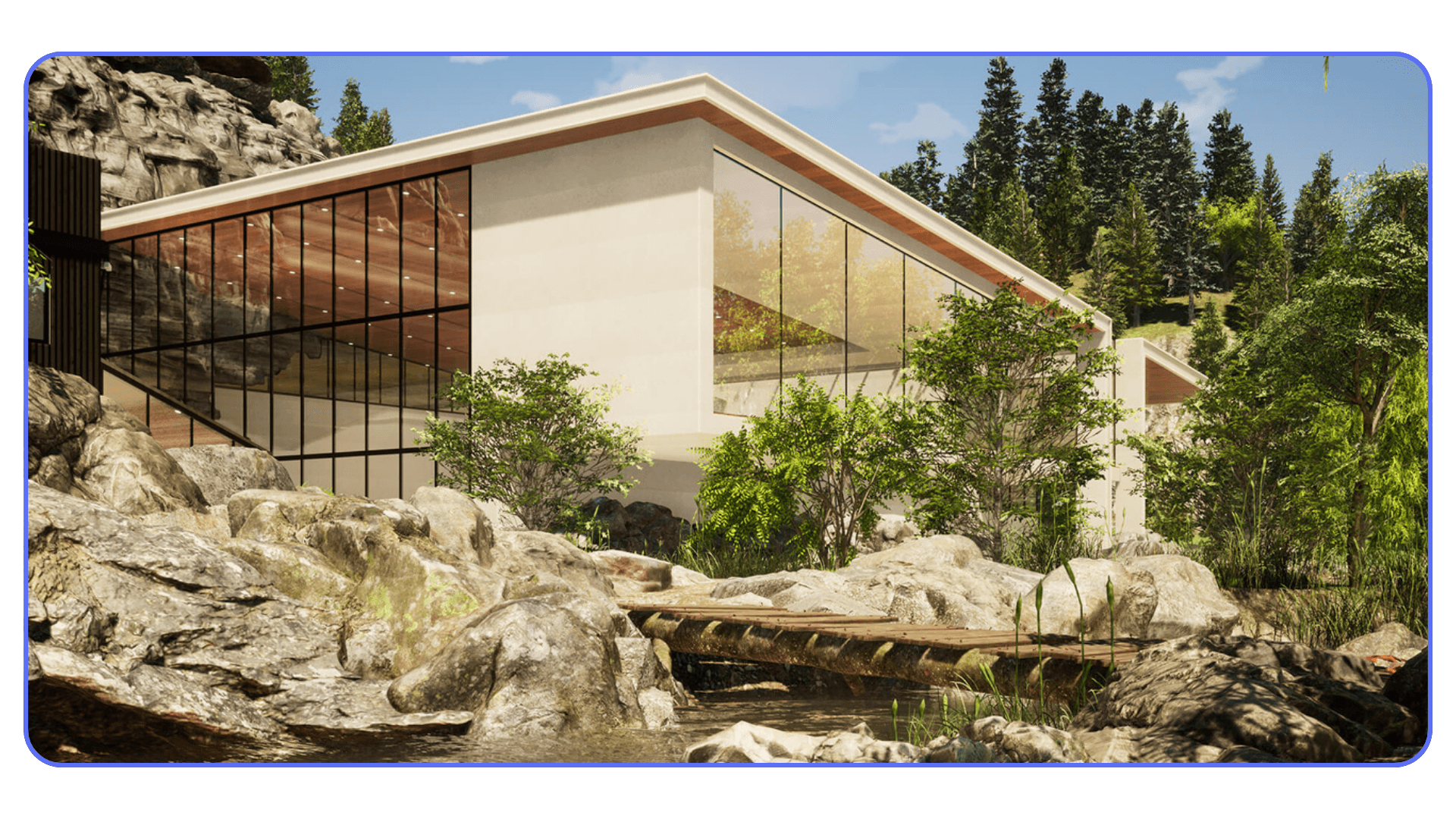 Twinmotion architectural visualization of a modern house integrated into a natural rocky landscape with trees