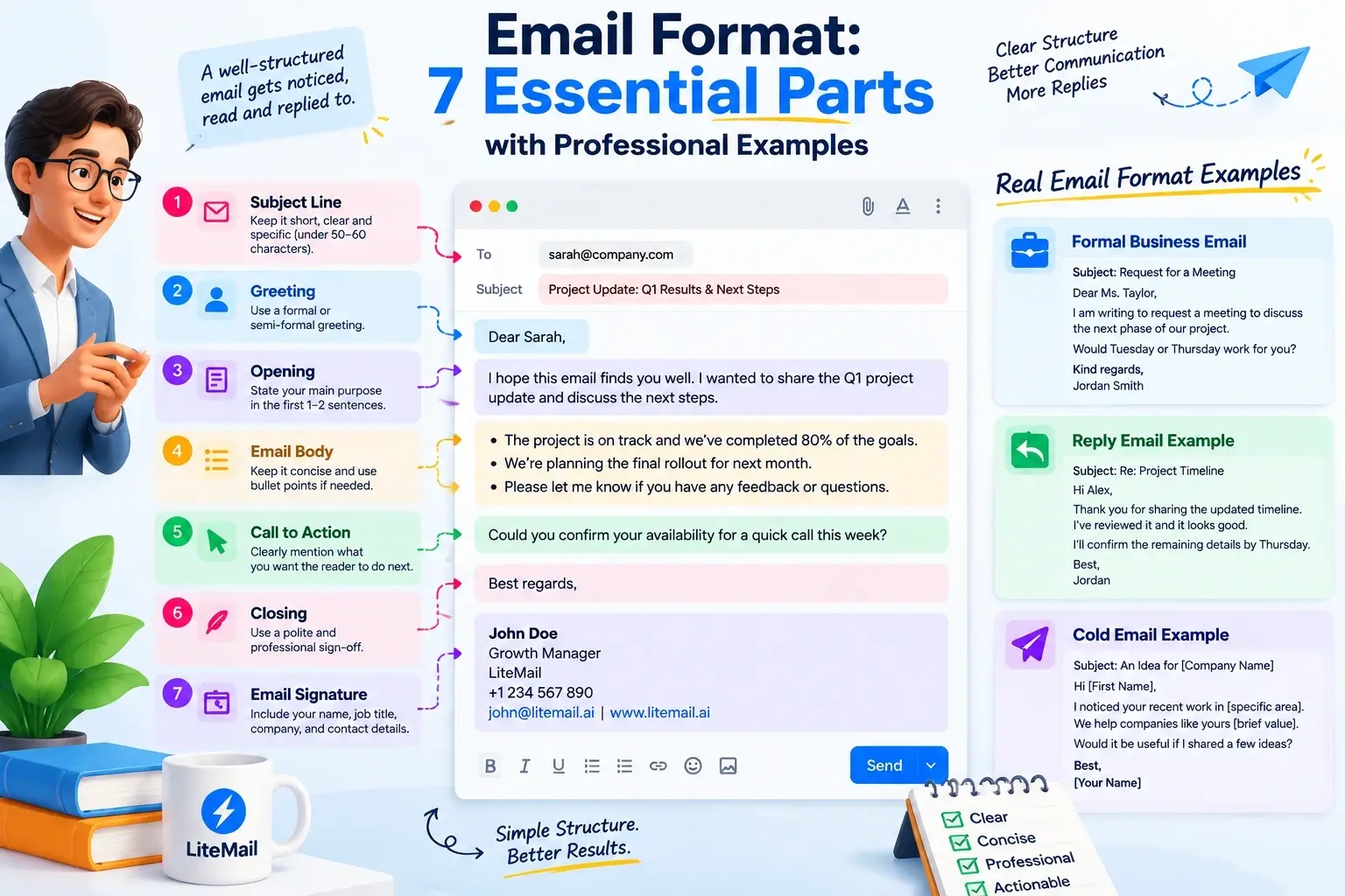7 essential parts of a professional email, with email structure tips, formal business email examples, reply formats, and cold email templates