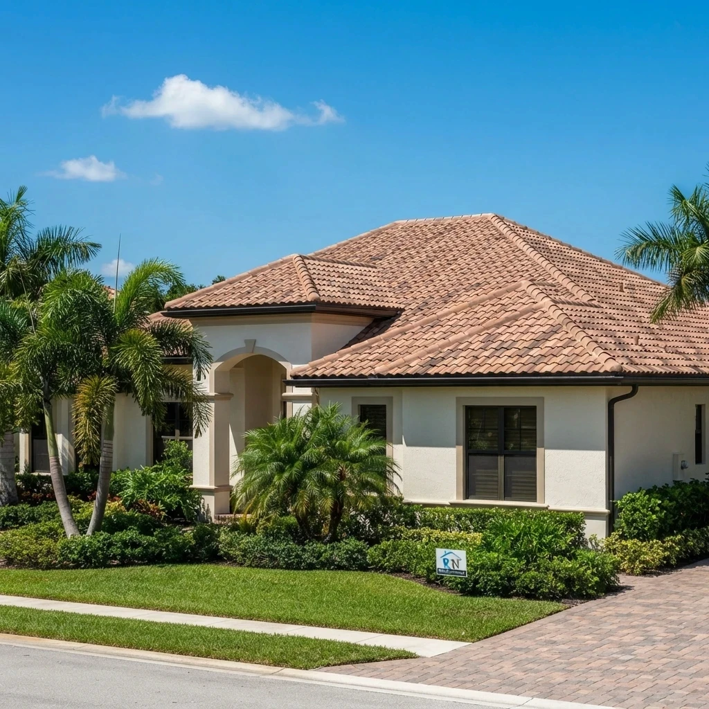 Completed concrete tile roof on a South Florida residential home under blue sky