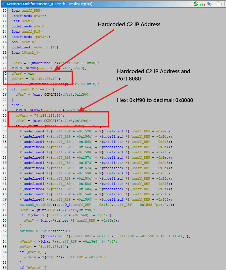 Ein Screenshot des Codes in einem Dekompilierungstool mit hervorgehobenem Text, der eine fest kodierte IP-Adresse '128.128.120.107' und Port '8080' anzeigt. Der Code enthält hexadezimale Werte und Variablenzuweisungen, die Programmierelemente zeigen.