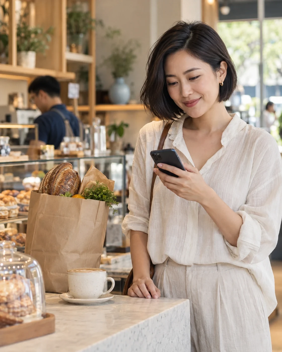 Illustrative member using her phone in a neighbourhood bakery cafe. AI-generated.