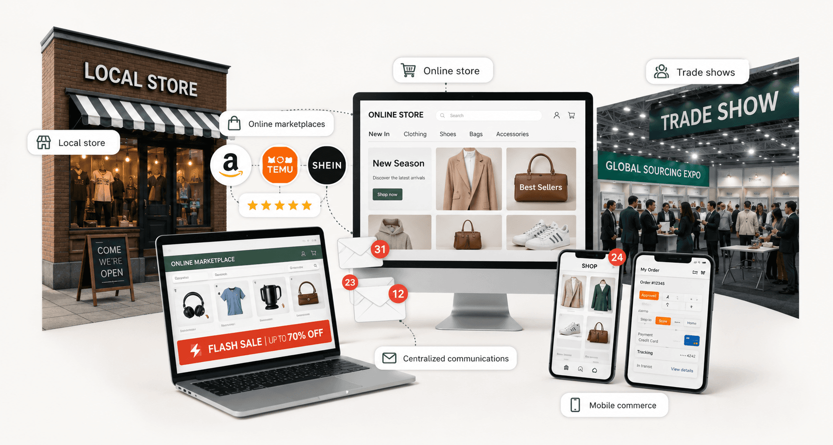 Illustration showing how retailers compare products across local stores, marketplaces, webshops, and trade shows before making a purchase decision