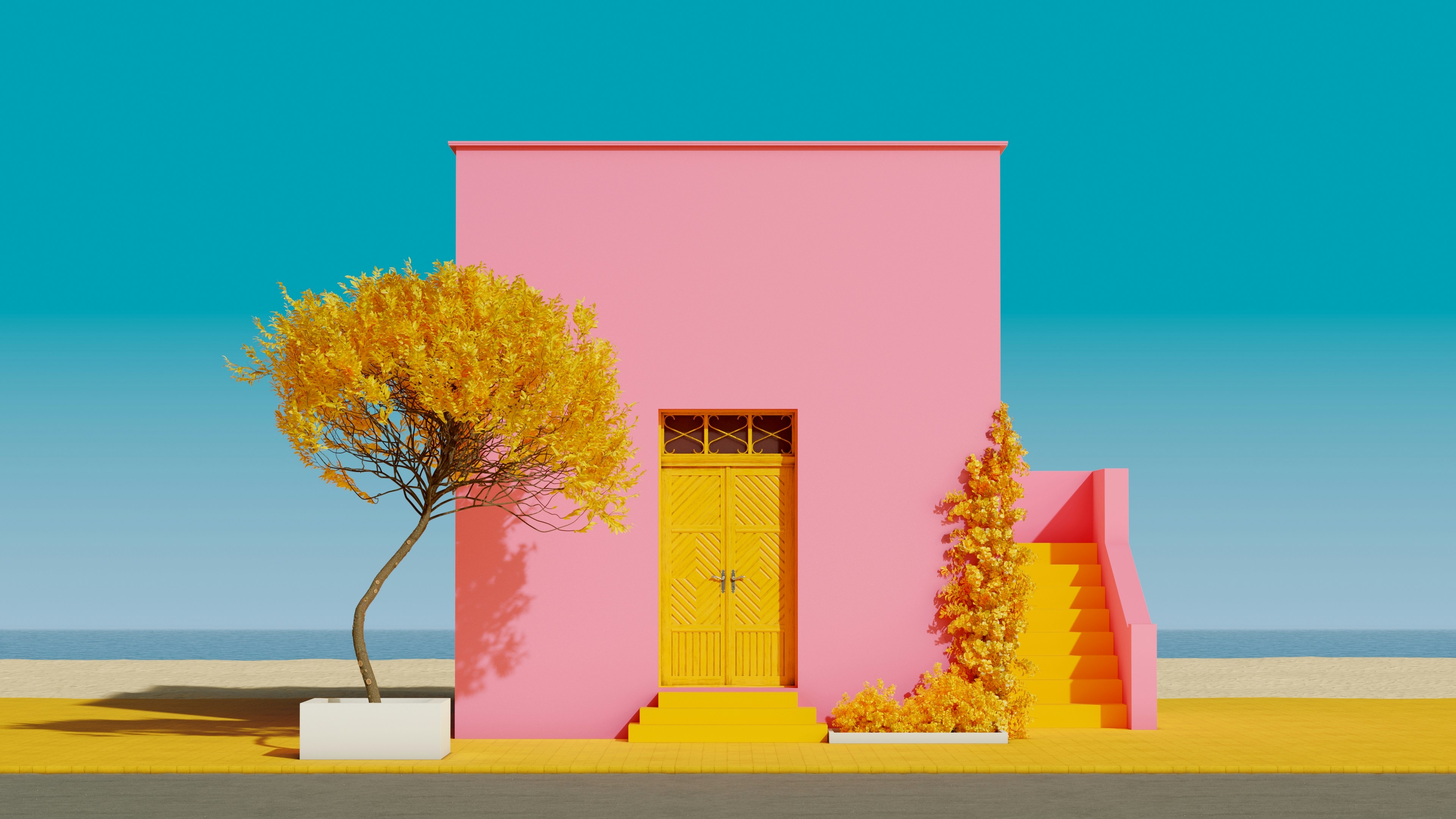 Pink building with yellow door and stairs