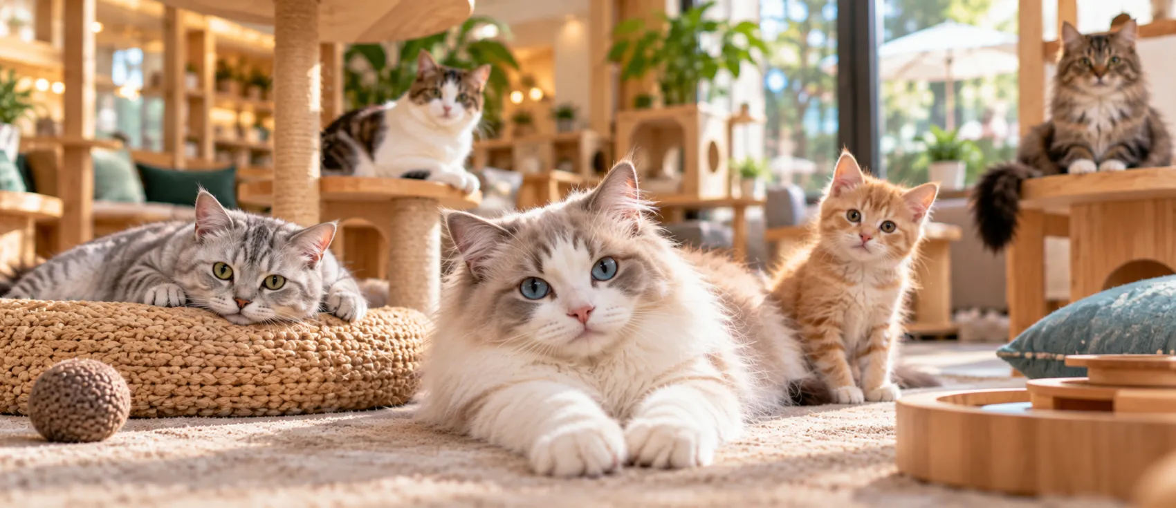 Several cats of different breeds relaxing on cushions and cat trees inside a cat café.
