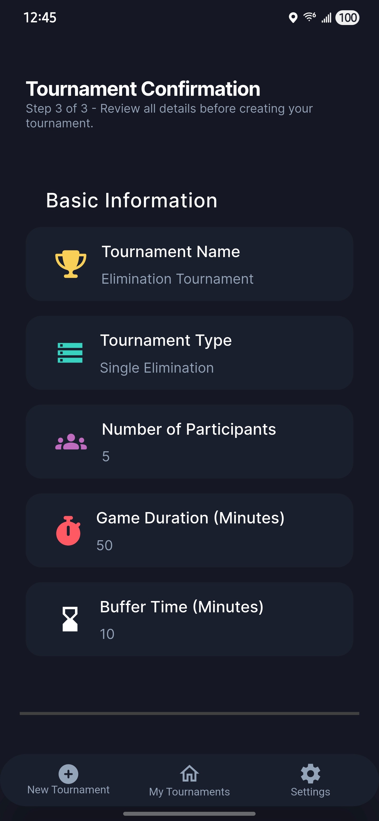 BrackIt tournament confirmation screenshot