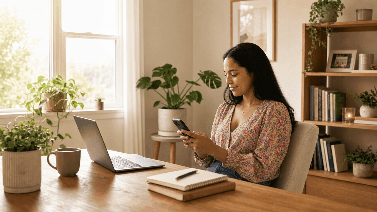woman in home office texting next to her computer
