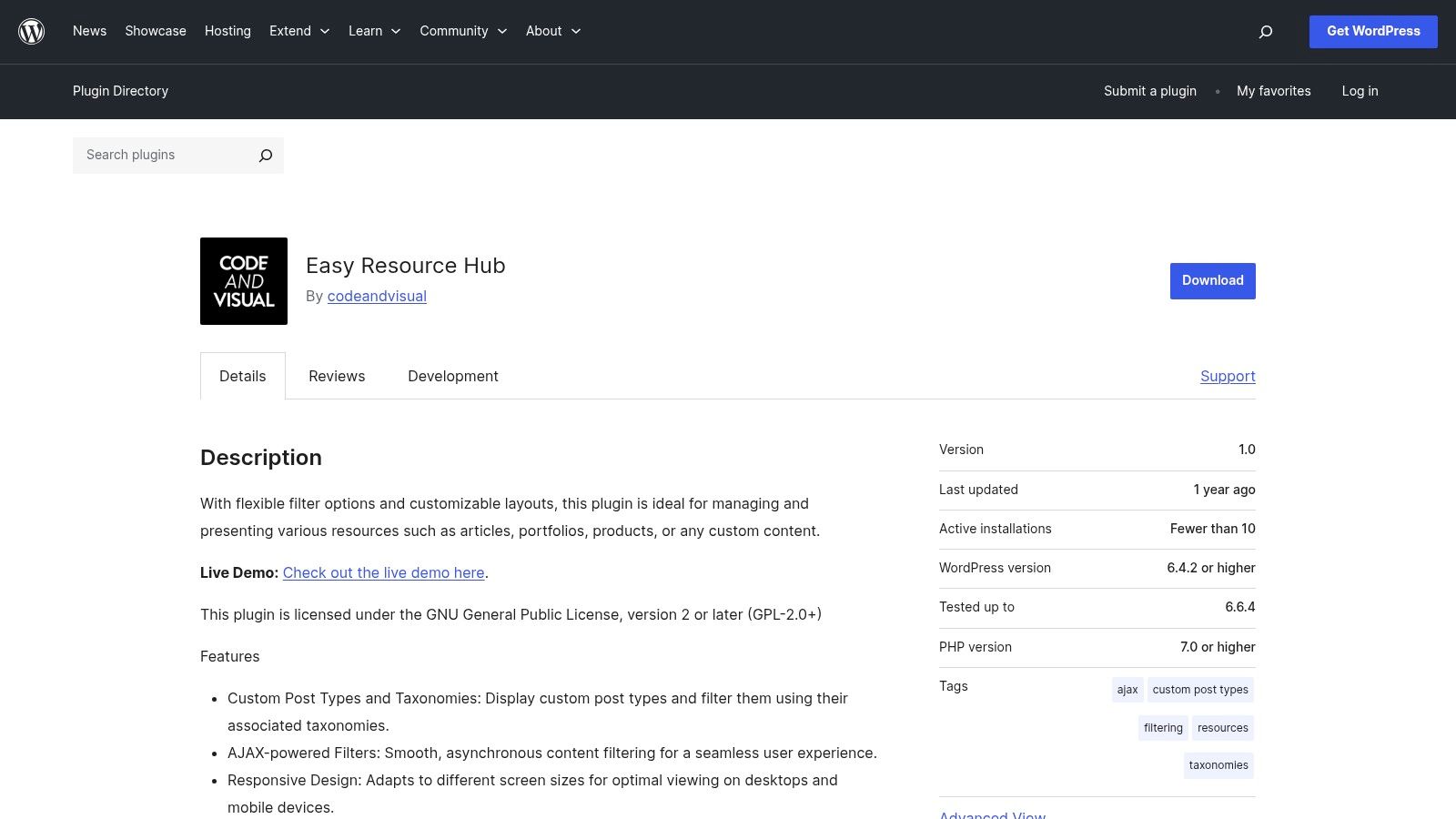WordPress.org — Easy Resource Hub (plugin)