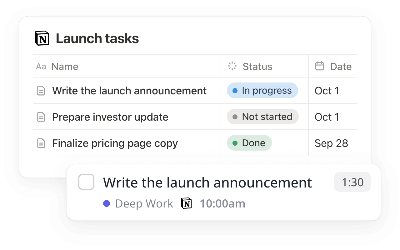 A Notion task database next to the same task in Ellie