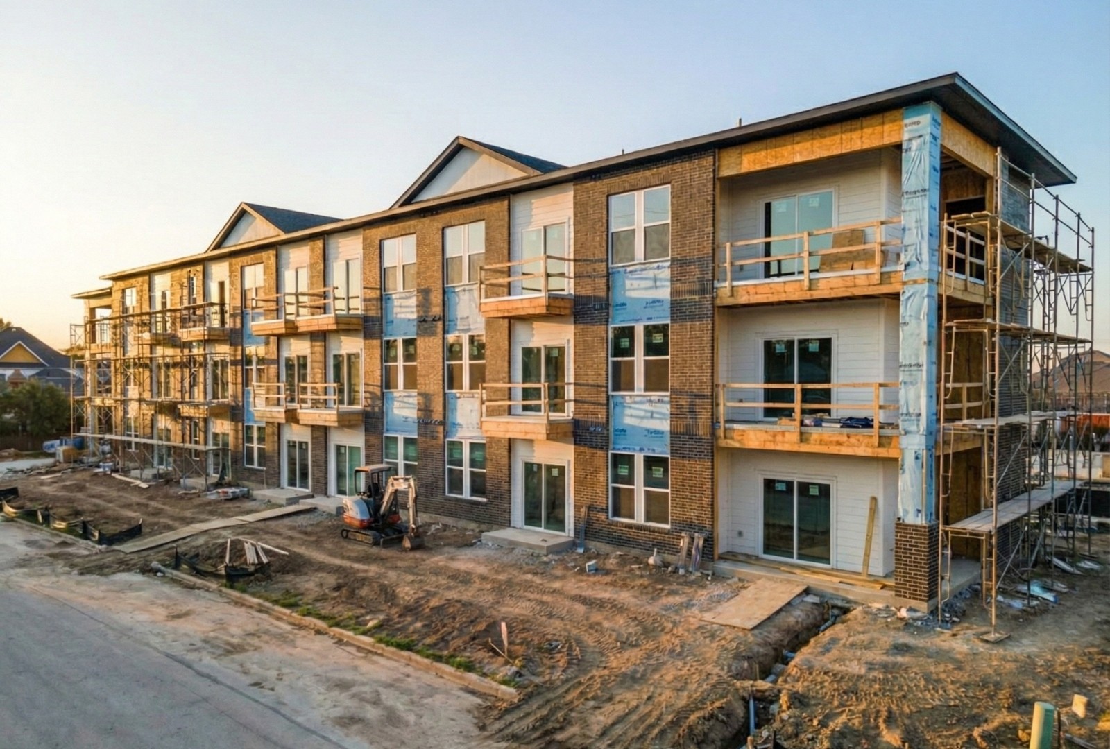 Three people working in a construction.