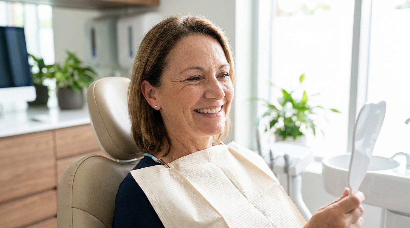 A smiling patient sitting in a bright modern dental clinic after discussing full-mouth tooth replacement options.