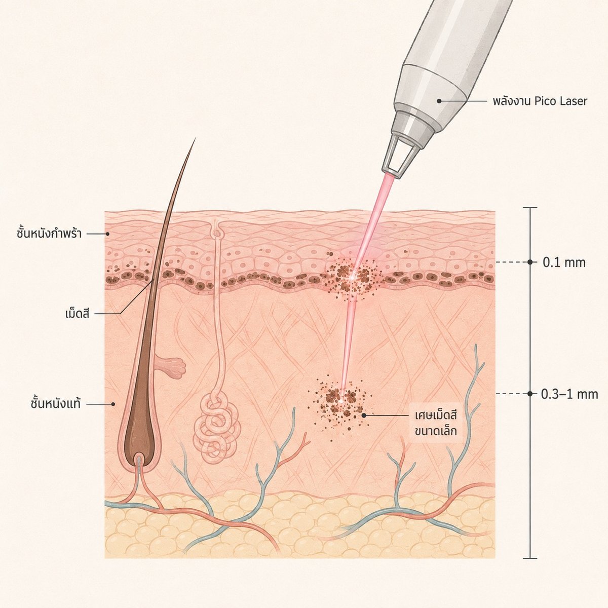 ภาพขวางชั้นผิวแสดงตำแหน่งเม็ดสีในชั้น Epidermis และ Dermis พร้อมการทำงานของ Pico Laser