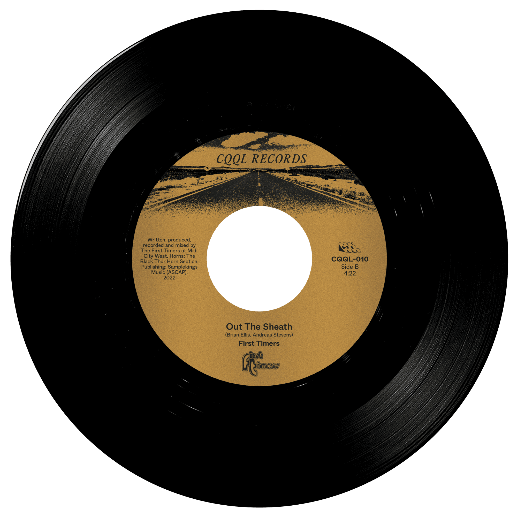 Black vinyl record with a brown label on a white background