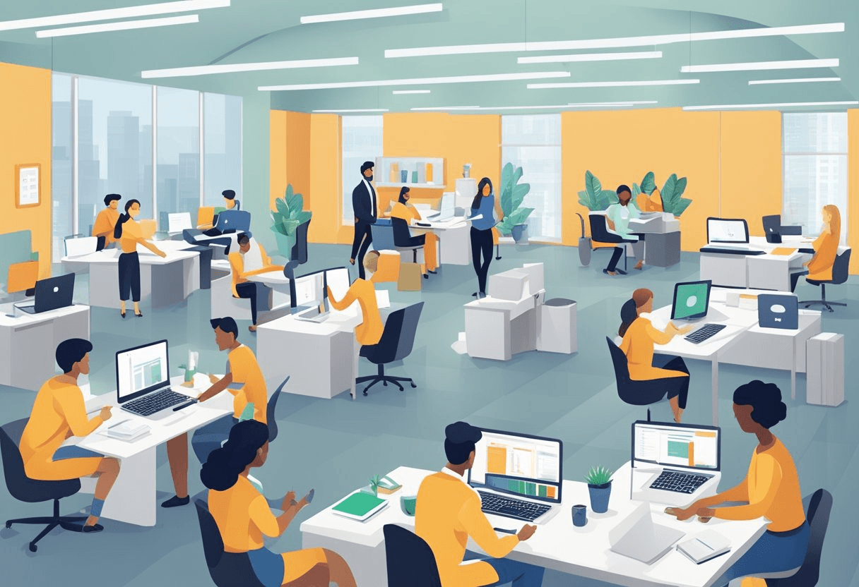 A bustling office with a flow of diverse candidates, onboarding processes, training sessions, and engaged employees at various stages of their career